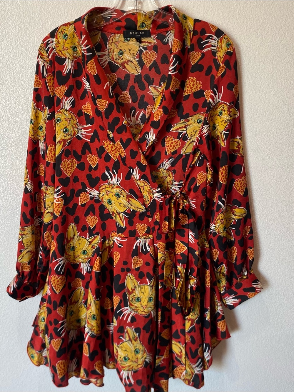 Beulah Style Novelty Print Wrap Dress Heart & Cat Motif Womens Small S